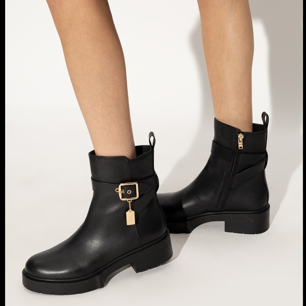 Coach Black and Gold Ankle Booties with Gold Buckle